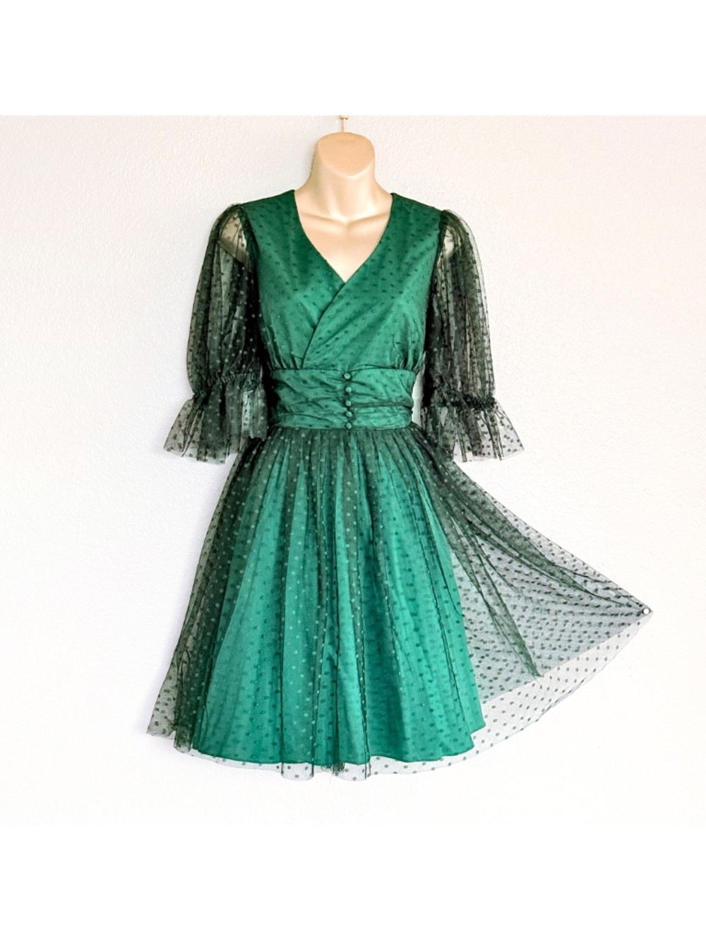 Unique Vintage Whimsigoth Dark Fairy Emerald Tulle Retro 50s Party Dress Sz L